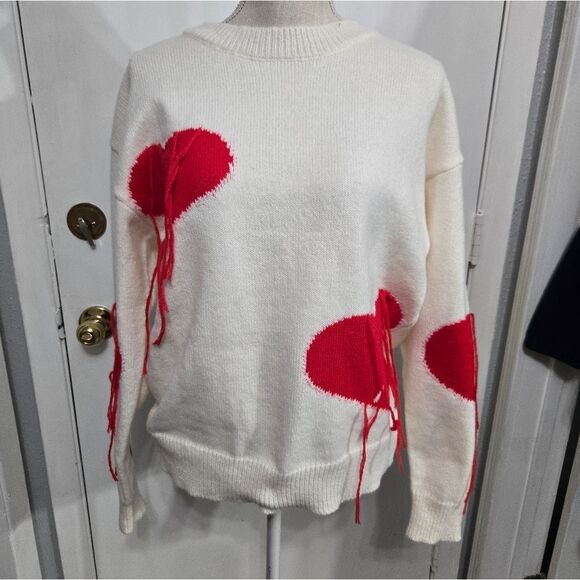 Romwe Heart Pattern Fringe Trim Drop Shoulder Sweater Sz Small - Picture 2 of 13